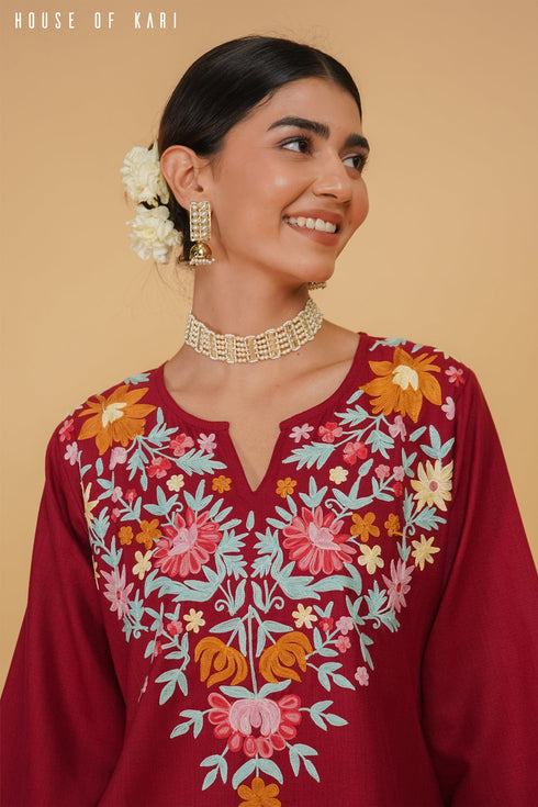 Aditi in Kashmiri Aari Work Cotton Short Kurta – Maroon